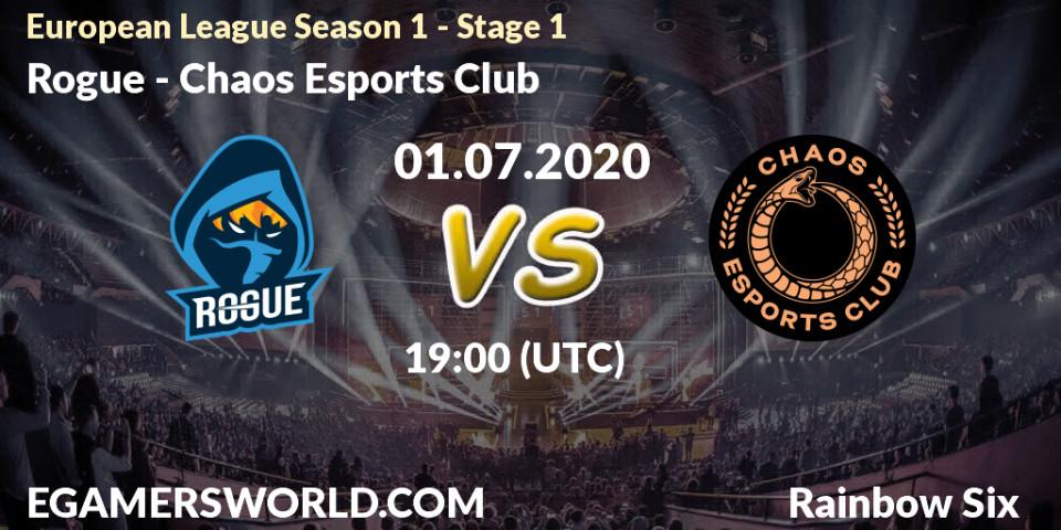 Pronósticos Rogue - Chaos Esports Club. 01.07.2020 at 19:00. European League Season 1 - Stage 1 - Rainbow Six