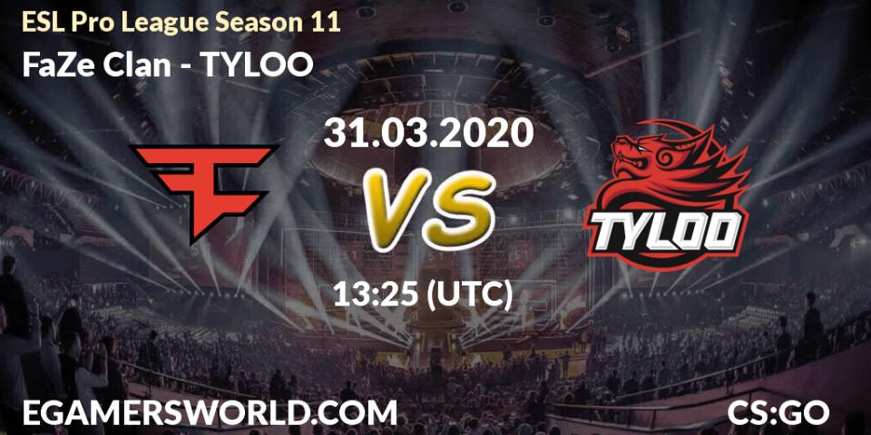 Pronósticos FaZe Clan - TYLOO. 26.03.2020 at 13:25. ESL Pro League Season 11: Europe - Counter-Strike (CS2)