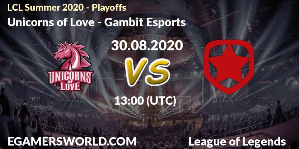 Pronósticos Unicorns of Love - Gambit Esports. 30.08.2020 at 14:41. LCL Summer 2020 - Playoffs - LoL
