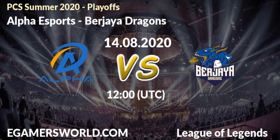 Pronósticos Alpha Esports - Berjaya Dragons. 14.08.2020 at 12:00. PCS Summer 2020 - Playoffs - LoL