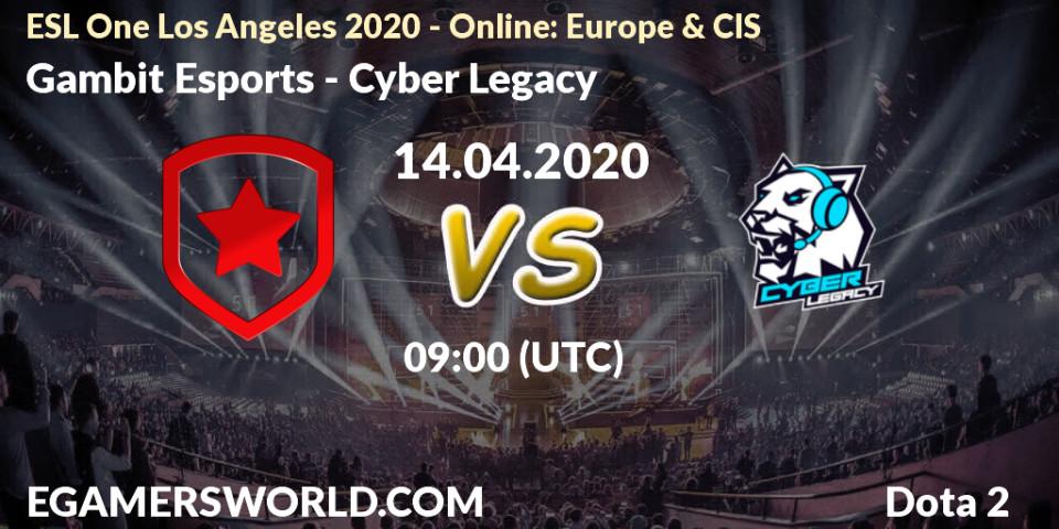 Pronósticos Gambit Esports - Cyber Legacy. 14.04.2020 at 09:00. ESL One Los Angeles 2020 - Online: Europe & CIS - Dota 2