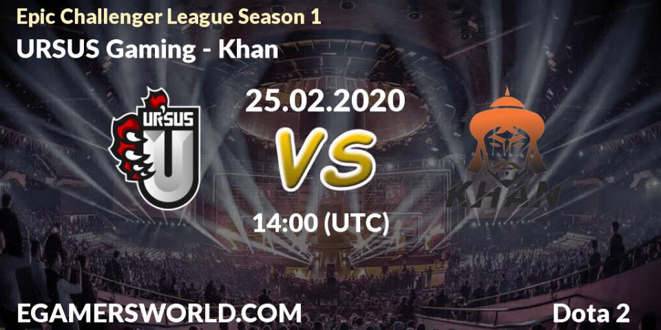 Pronósticos URSUS Gaming - Khan. 25.02.2020 at 16:31. Epic Challenger League Season 1 - Dota 2