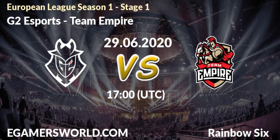 Pronósticos G2 Esports - Team Empire. 29.06.20. European League Season 1 - Stage 1 - Rainbow Six