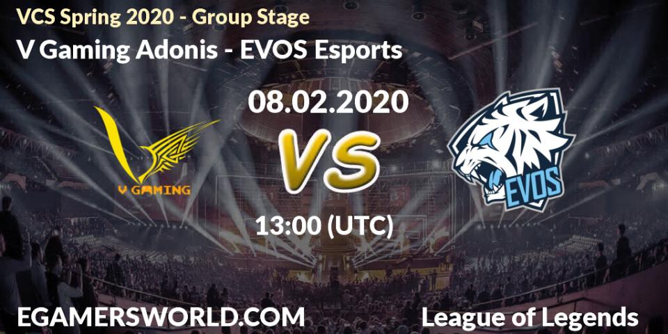 Pronósticos V Gaming Adonis - EVOS Esports. 08.02.2020 at 13:00. VCS Spring 2020 - Group Stage - LoL