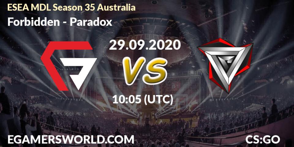 Pronósticos Forbidden - Paradox. 29.09.20. ESEA MDL Season 35 Australia - CS2 (CS:GO)