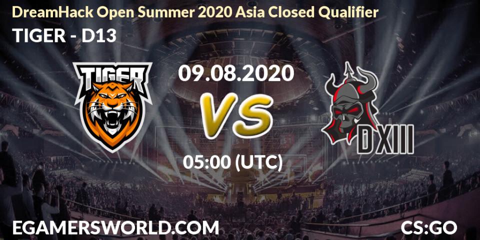 Pronósticos TIGER - D13. 09.08.2020 at 05:00. DreamHack Open Summer 2020 Asia Closed Qualifier - Counter-Strike (CS2)