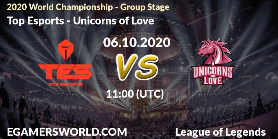 Pronósticos Top Esports - Unicorns of Love. 06.10.2020 at 11:00. 2020 World Championship - Group Stage - LoL