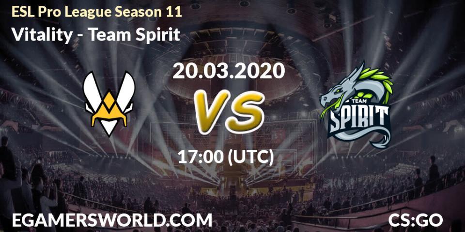 Pronósticos Vitality - Team Spirit. 20.03.2020 at 17:00. ESL Pro League Season 11: Europe - Counter-Strike (CS2)