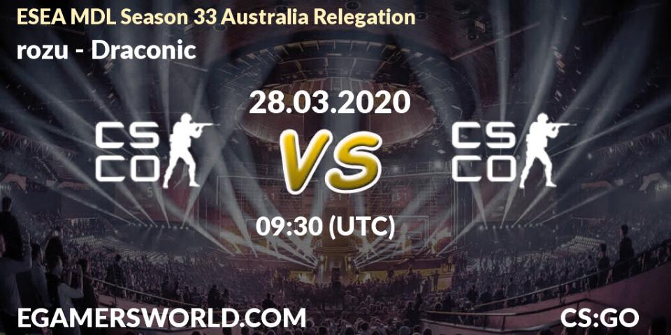 Pronósticos rozu - Draconic. 28.03.2020 at 09:40. ESEA MDL Season 33 Australia Relegation - Counter-Strike (CS2)