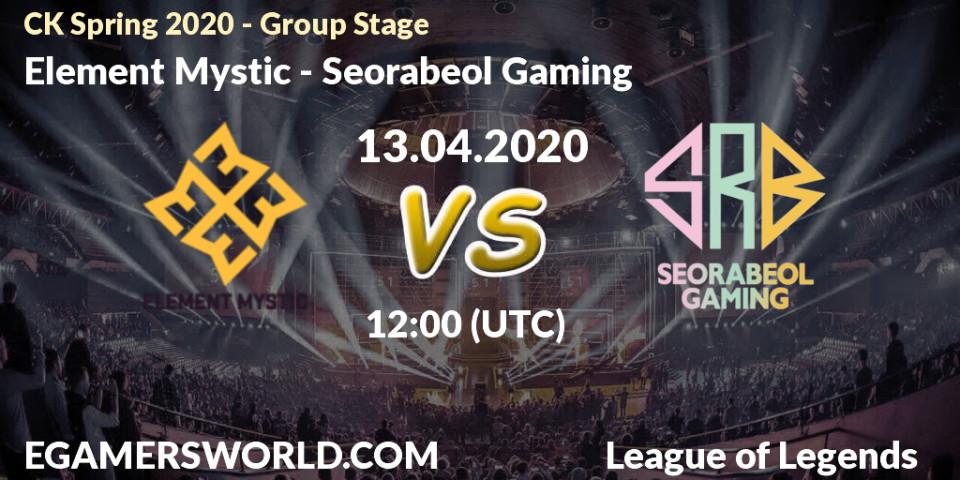 Pronósticos Element Mystic - Seorabeol Gaming. 13.04.2020 at 11:07. CK Spring 2020 - Group Stage - LoL