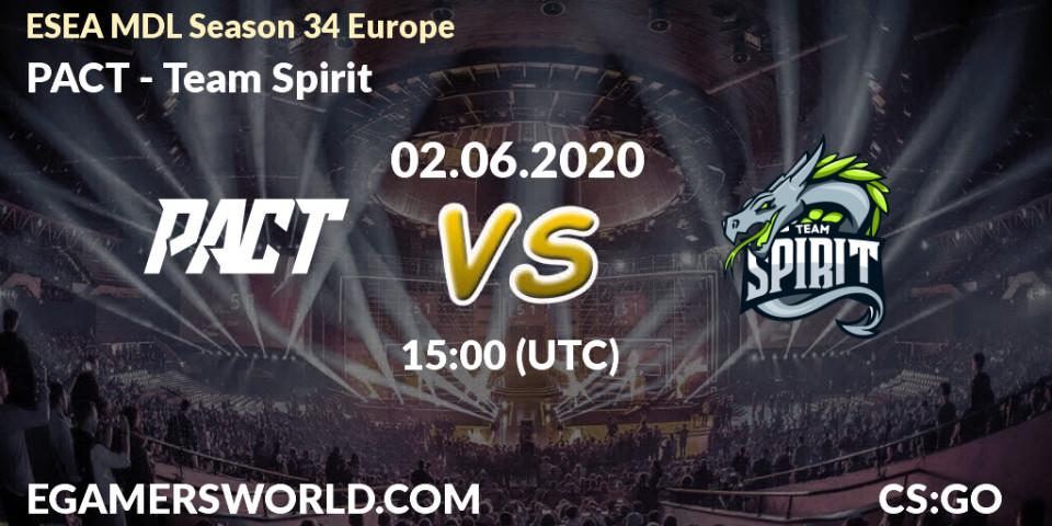 Pronósticos PACT - Team Spirit. 02.06.2020 at 15:00. ESEA MDL Season 34 Europe - Counter-Strike (CS2)