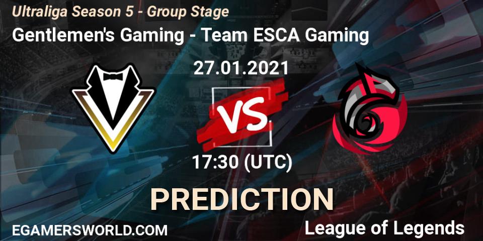 Pronósticos Gentlemen's Gaming - Team ESCA Gaming. 27.01.2021 at 17:30. Ultraliga Season 5 - Group Stage - LoL