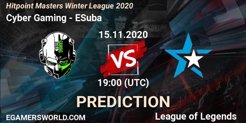 Pronósticos Cyber Gaming - ESuba. 15.11.2020 at 19:00. Hitpoint Masters Winter League 2020 - LoL