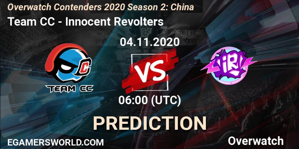 Pronósticos Team CC - Innocent Revolters. 04.11.2020 at 06:00. Overwatch Contenders 2020 Season 2: China - Overwatch