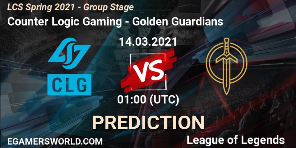 Pronósticos Counter Logic Gaming - Golden Guardians. 14.03.2021 at 01:00. LCS Spring 2021 - Group Stage - LoL