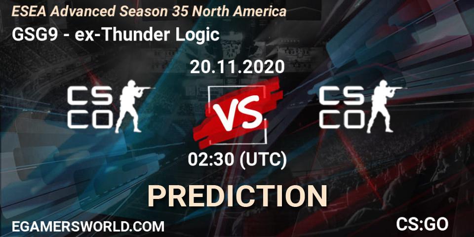 Pronósticos GSG9 - ex-Thunder Logic. 21.11.2020 at 02:00. ESEA Advanced Season 35 North America - Counter-Strike (CS2)