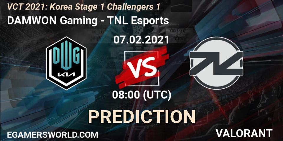 Pronósticos DAMWON Gaming - TNL Esports. 07.02.2021 at 08:00. VCT 2021: Korea Stage 1 Challengers 1 - VALORANT