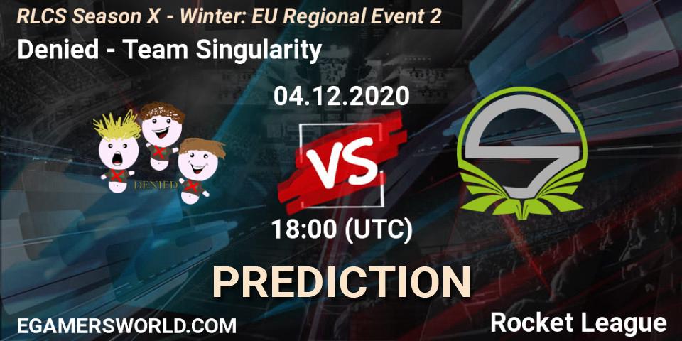 Pronósticos Denied - Team Singularity. 04.12.2020 at 18:00. RLCS Season X - Winter: EU Regional Event 2 - Rocket League