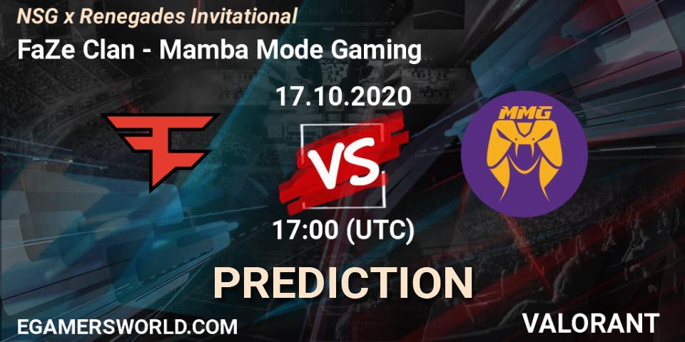 Pronósticos FaZe Clan - Mamba Mode Gaming. 17.10.2020 at 17:00. NSG x Renegades Invitational - VALORANT