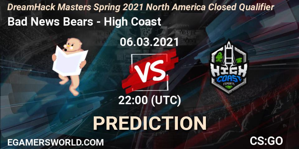 Pronósticos Bad News Bears - High Coast. 06.03.2021 at 22:00. DreamHack Masters Spring 2021 North America Closed Qualifier - Counter-Strike (CS2)