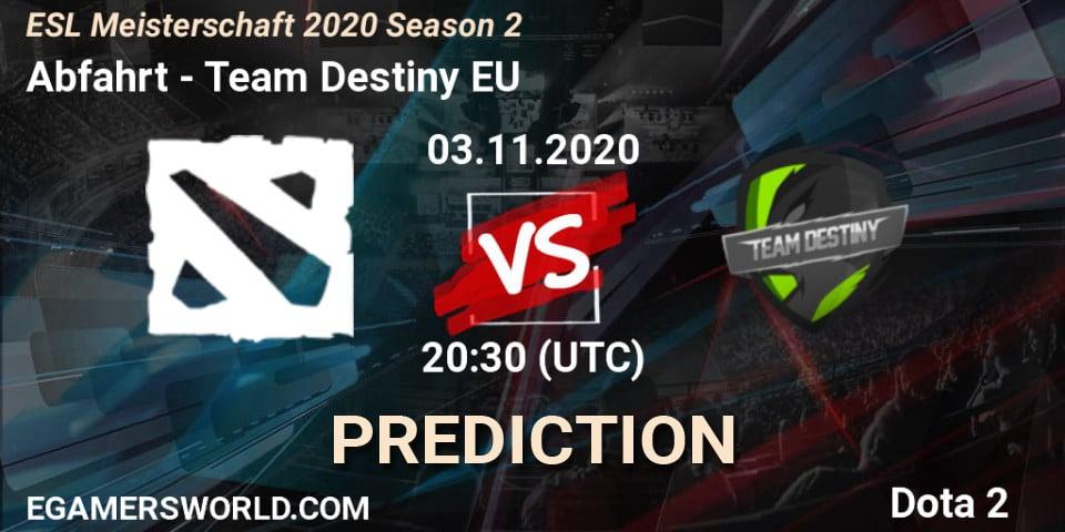 Pronósticos Abfahrt - Team Destiny EU. 03.11.2020 at 20:35. ESL Meisterschaft 2020 Season 2 - Dota 2