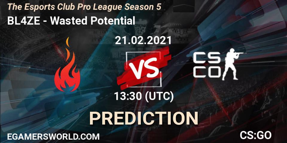 Pronósticos BL4ZE - Wasted Potential. 21.02.2021 at 13:30. The Esports Club Pro League Season 5 - Counter-Strike (CS2)