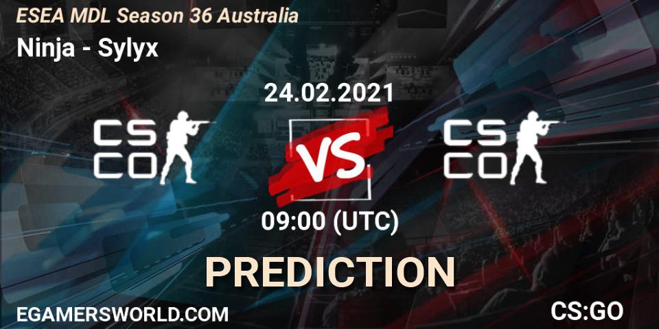 Pronósticos Ninja - Sylyx. 24.02.2021 at 09:00. MDL ESEA Season 36: Australia - Premier Division - Counter-Strike (CS2)