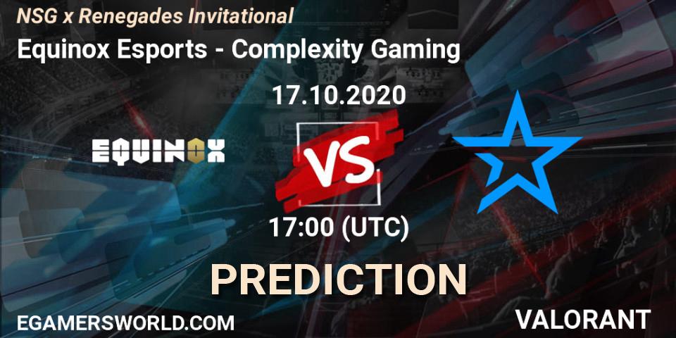 Pronósticos Equinox Esports - Complexity Gaming. 17.10.2020 at 17:00. NSG x Renegades Invitational - VALORANT