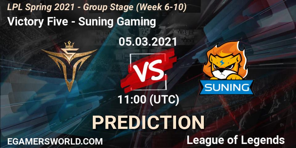 Pronósticos Victory Five - Suning Gaming. 05.03.2021 at 11:00. LPL Spring 2021 - Group Stage (Week 6-10) - LoL