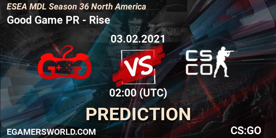 Pronósticos Good Game PR - Rise. 03.02.2021 at 02:00. MDL ESEA Season 36: North America - Premier Division - Counter-Strike (CS2)