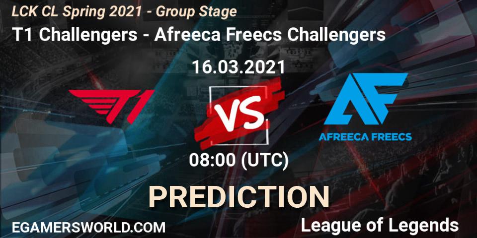 Pronósticos T1 Challengers - Afreeca Freecs Challengers. 16.03.2021 at 08:00. LCK CL Spring 2021 - Group Stage - LoL
