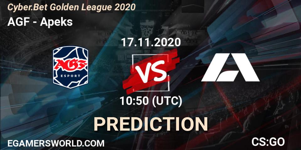 Pronósticos AGF - Apeks. 17.11.2020 at 10:50. Cyber.Bet Golden League 2020 - Counter-Strike (CS2)