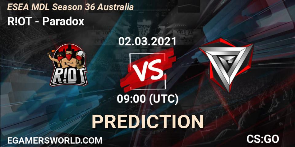 Pronósticos R!OT - Paradox. 02.03.2021 at 09:00. MDL ESEA Season 36: Australia - Premier Division - Counter-Strike (CS2)