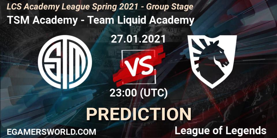 Pronósticos TSM Academy - Team Liquid Academy. 27.01.2021 at 23:00. LCS Academy League Spring 2021 - Group Stage - LoL