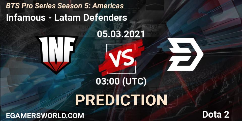 Pronósticos Infamous - Latam Defenders. 05.03.2021 at 03:02. BTS Pro Series Season 5: Americas - Dota 2