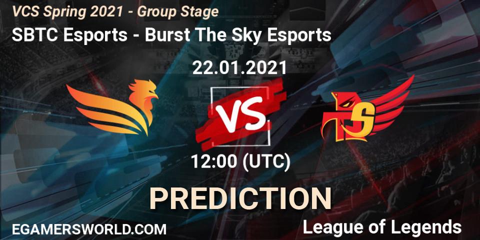 Pronósticos SBTC Esports - Burst The Sky Esports. 22.01.2021 at 12:10. VCS Spring 2021 - Group Stage - LoL