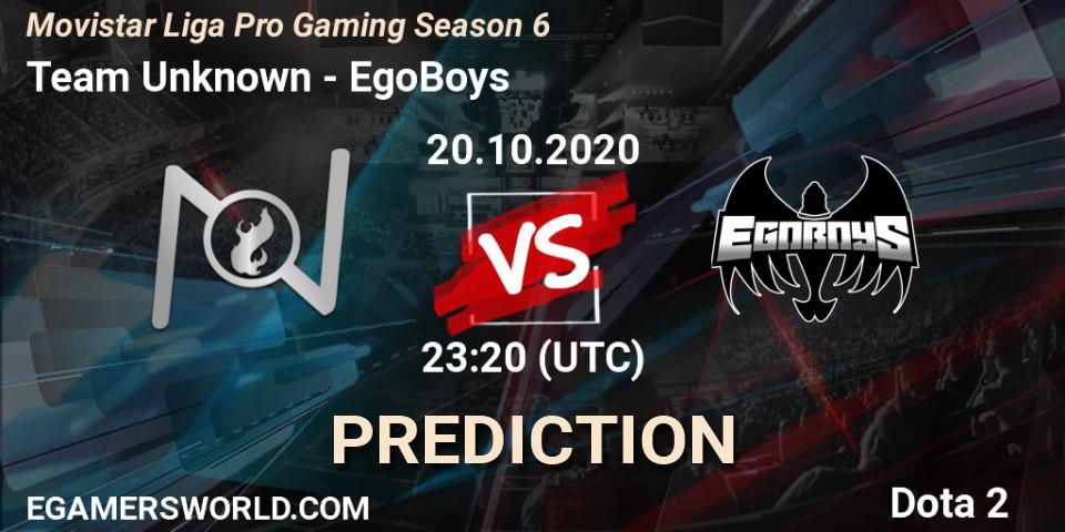Pronósticos Team Unknown - EgoBoys. 20.10.2020 at 23:55. Movistar Liga Pro Gaming Season 6 - Dota 2