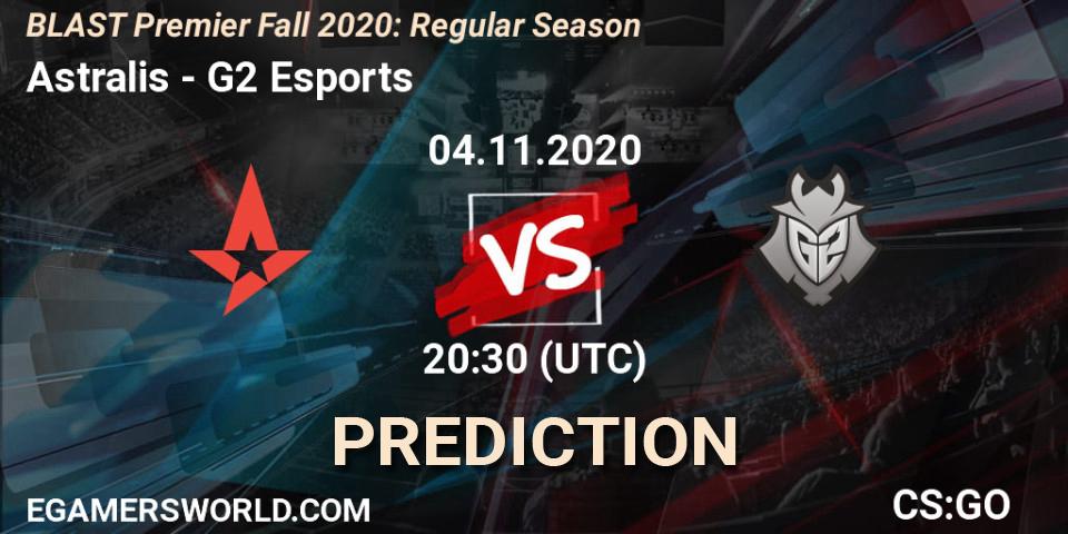 Pronósticos Astralis - G2 Esports. 04.11.2020 at 20:30. BLAST Premier Fall 2020: Regular Season - Counter-Strike (CS2)