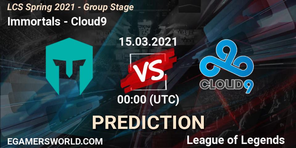 Pronósticos Immortals - Cloud9. 15.03.2021 at 00:00. LCS Spring 2021 - Group Stage - LoL