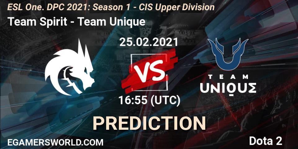Pronósticos Team Spirit - Team Unique. 25.02.2021 at 17:08. ESL One. DPC 2021: Season 1 - CIS Upper Division - Dota 2
