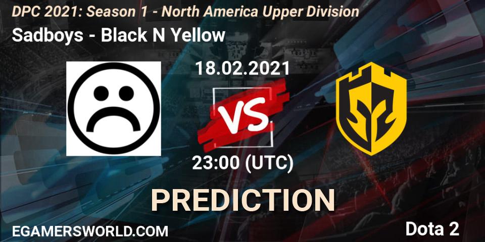 Pronósticos Sadboys - Black N Yellow. 18.02.2021 at 23:31. DPC 2021: Season 1 - North America Upper Division - Dota 2