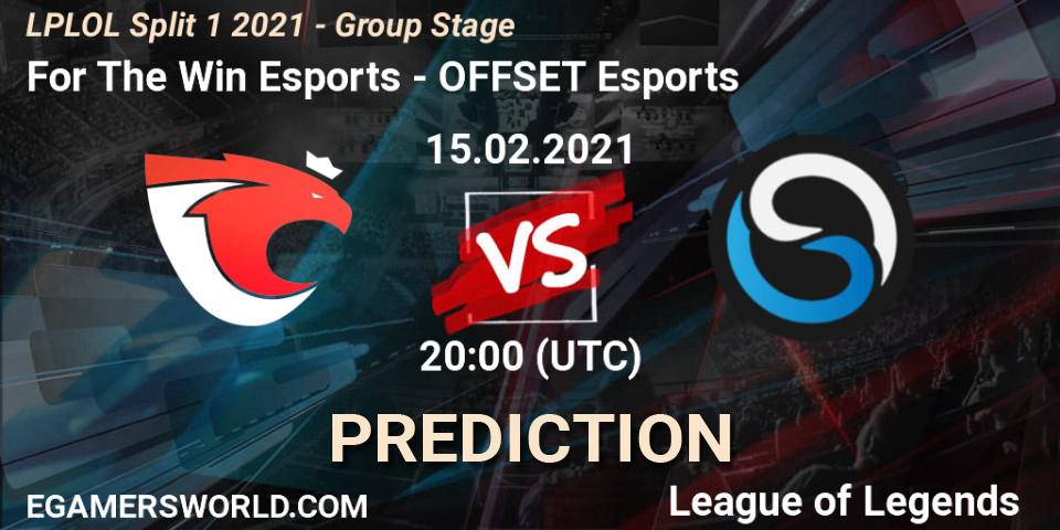 Pronósticos For The Win Esports - OFFSET Esports. 15.02.2021 at 20:00. LPLOL Split 1 2021 - Group Stage - LoL