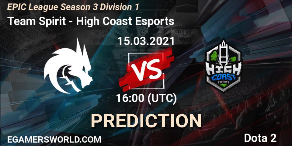 Pronósticos Team Spirit - High Coast Esports. 15.03.2021 at 16:01. EPIC League Season 3 Division 1 - Dota 2