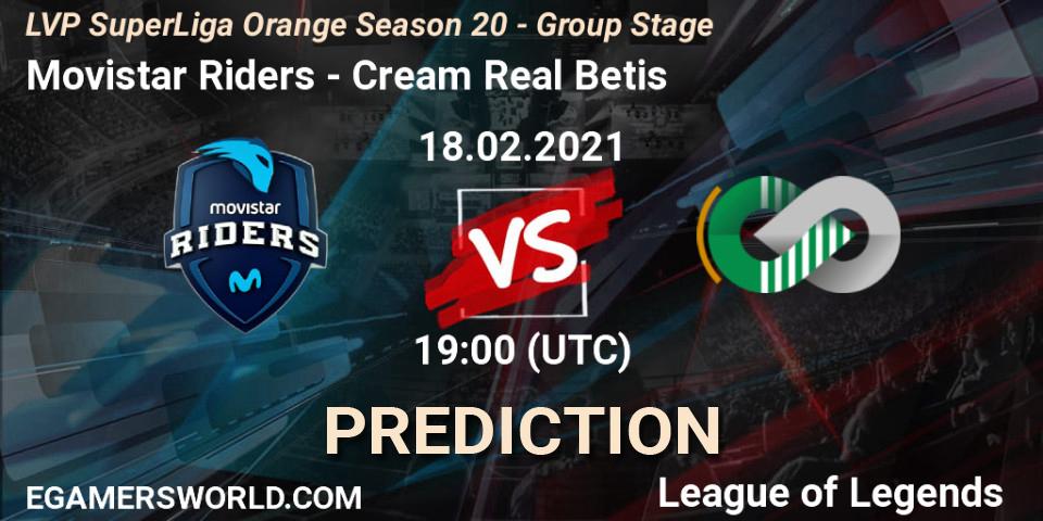 Pronósticos Movistar Riders - Cream Real Betis. 18.02.2021 at 19:00. LVP SuperLiga Orange Season 20 - Group Stage - LoL