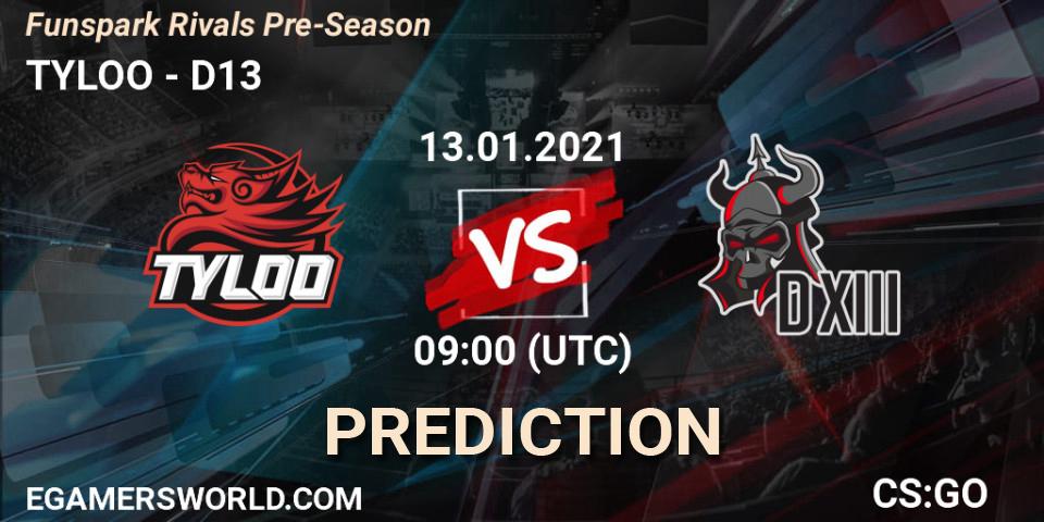 Pronósticos TYLOO - D13. 13.01.2021 at 09:00. Funspark Rivals Pre-Season - Counter-Strike (CS2)