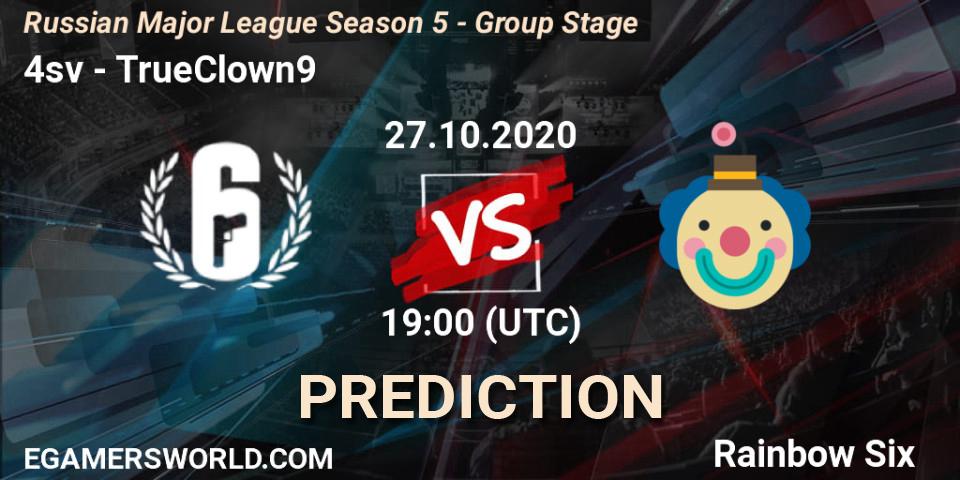Pronósticos 4sv - TrueClown9. 27.10.2020 at 19:00. Russian Major League Season 5 - Group Stage - Rainbow Six