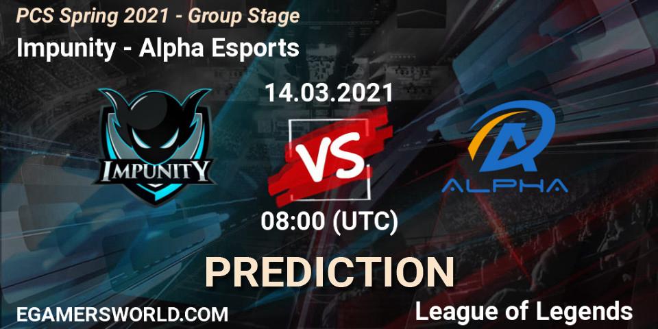 Pronósticos Impunity - Alpha Esports. 14.03.2021 at 08:00. PCS Spring 2021 - Group Stage - LoL