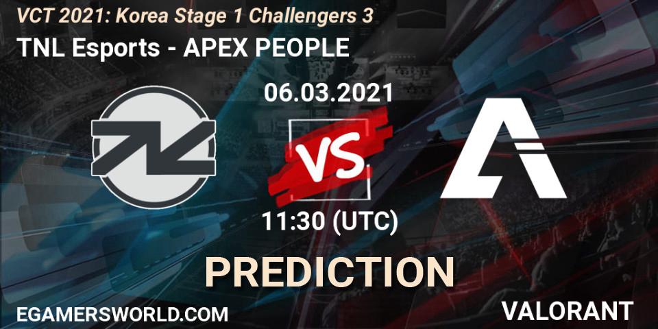 Pronósticos TNL Esports - APEX PEOPLE. 06.03.2021 at 11:30. VCT 2021: Korea Stage 1 Challengers 3 - VALORANT