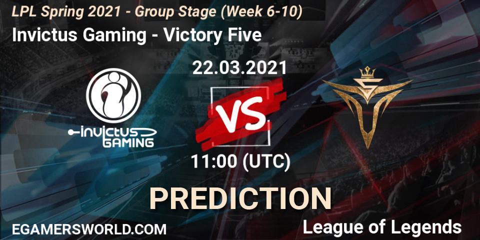 Pronósticos Invictus Gaming - Victory Five. 22.03.2021 at 11:00. LPL Spring 2021 - Group Stage (Week 6-10) - LoL