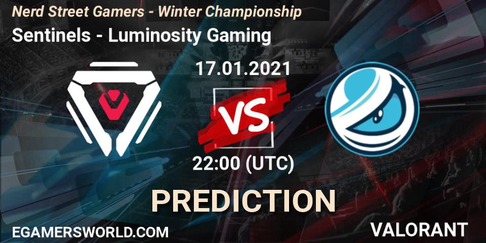 Pronósticos Sentinels - Luminosity Gaming. 17.01.2021 at 22:00. Nerd Street Gamers - Winter Championship - VALORANT